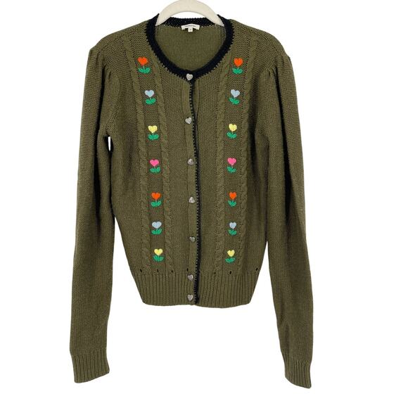 Manoush Wool Blend Embroidered Cardigan Grandmacore Sweater Size M Green French - Picture 1 of 7